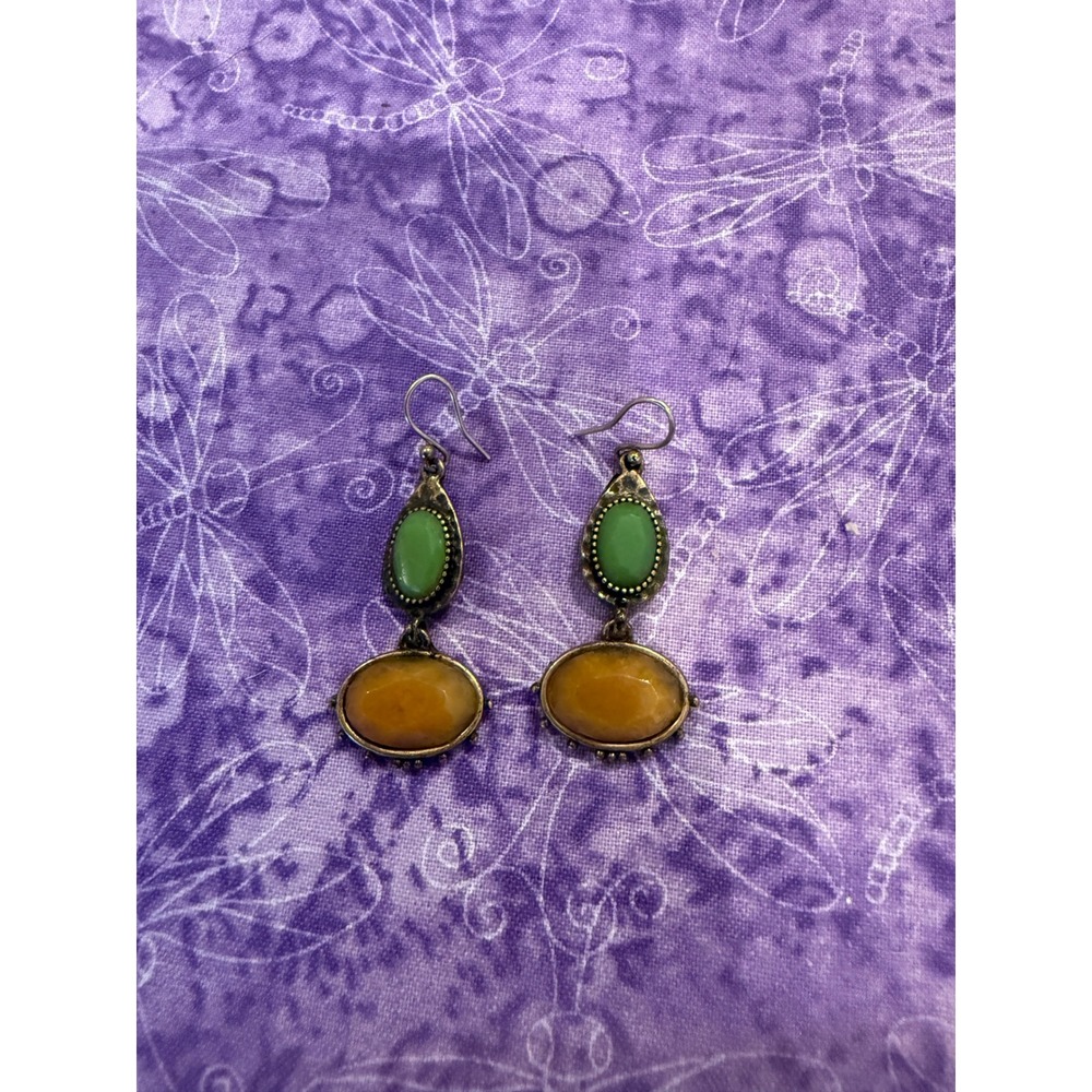 Womens Dangle Earrings Green Amber Boho Floral Bronze Tone Chic Western Artsy